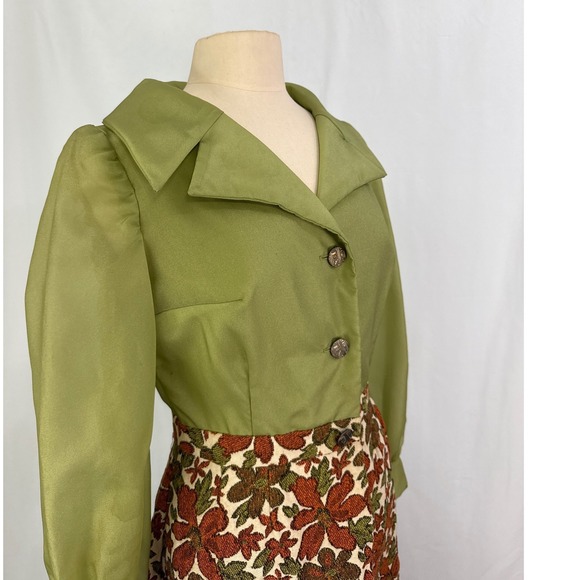 Vintage 70s Green Maxi Hostess Dress Floral Tapestry Skirt Bishop Sleeve Mod L - Picture 6 of 11